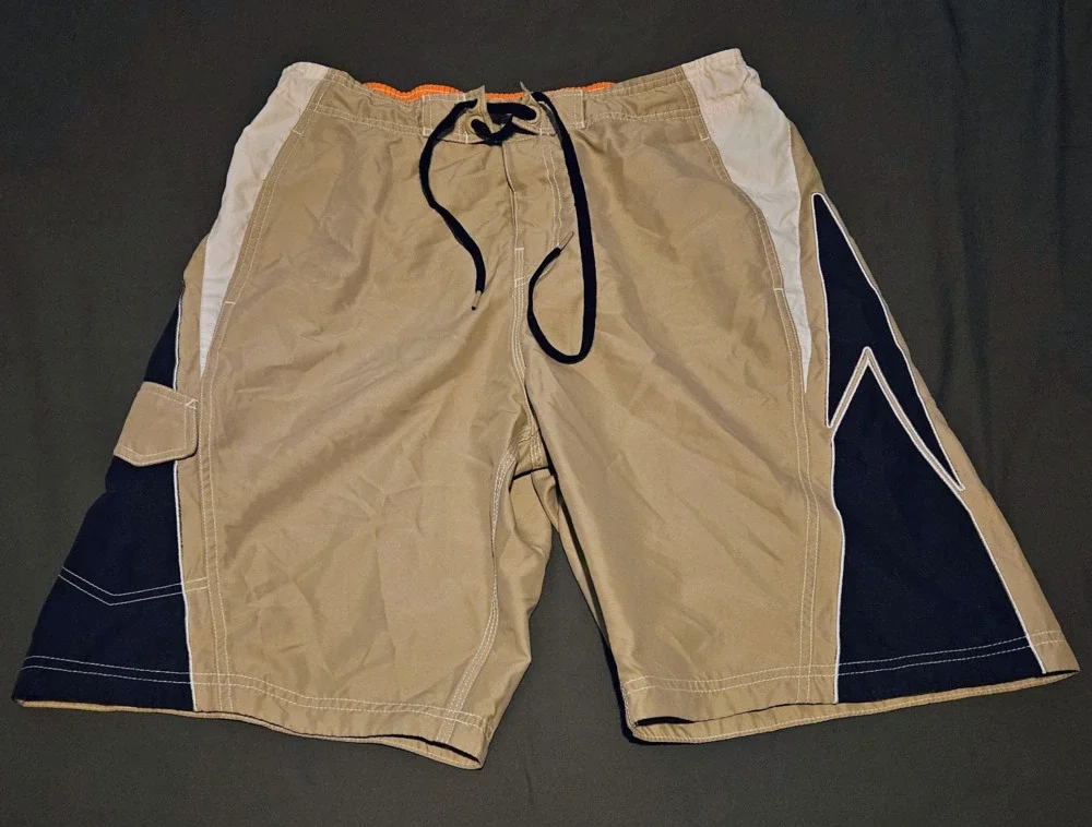 Speedo Men's Shorts Swim Trunks M Khaki Tan Navy Orange Drawstring Surf EUC